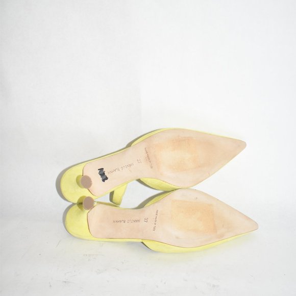 $900 MANOLO GLAHNIK NEON YELLOW SUEDE PATENT DOTS SLINGBACK  $900 MANOLO GLAHNIK NEON YELLOW SUEDE PATENT DOTS SLINGBACK HEEL 37 (MD1)
